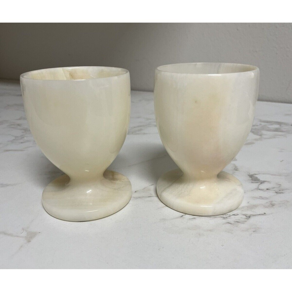 Vintage Pair of Natural‎ Onyx Marble Stone Stemmed Wine Glass Goblets Chalice